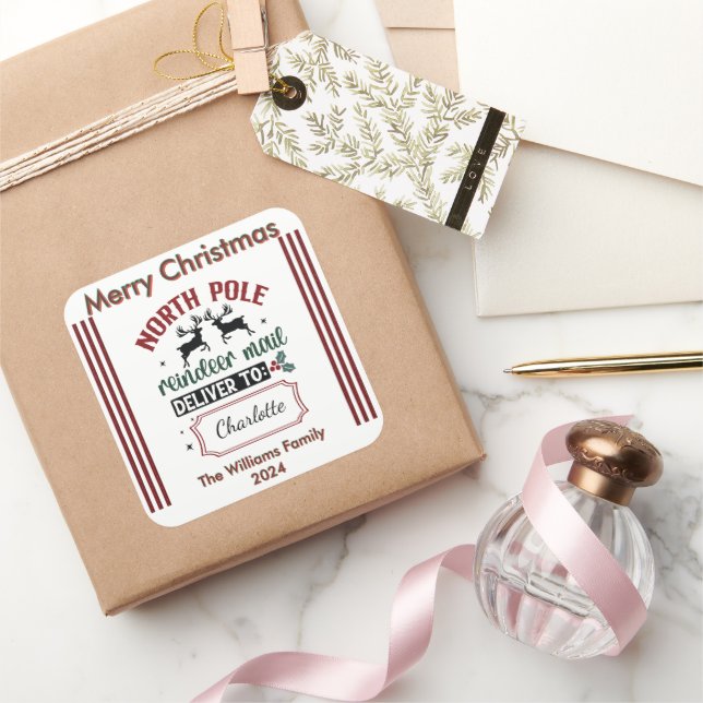 Holiday Reindeer Mail-Aufkleber Quadratischer Aufkleber (Schenken)