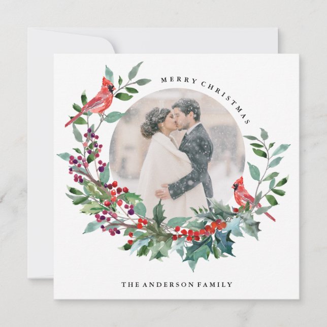 Holiday Robin Wreath Foto Card Feiertagskarte (Vorderseite)