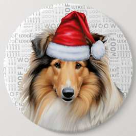 Holiday Rough Collie Dog on Woof Background Button
