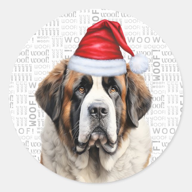 Holiday Saint Bernard Dog and Woof Art Christmas Runder Aufkleber (Vorderseite)