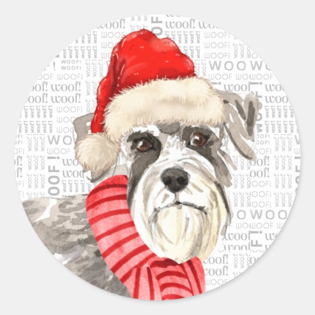 Holiday Schnauzer Dog und Woof Art Weihnachten Runder Aufkleber (Vorderseite)