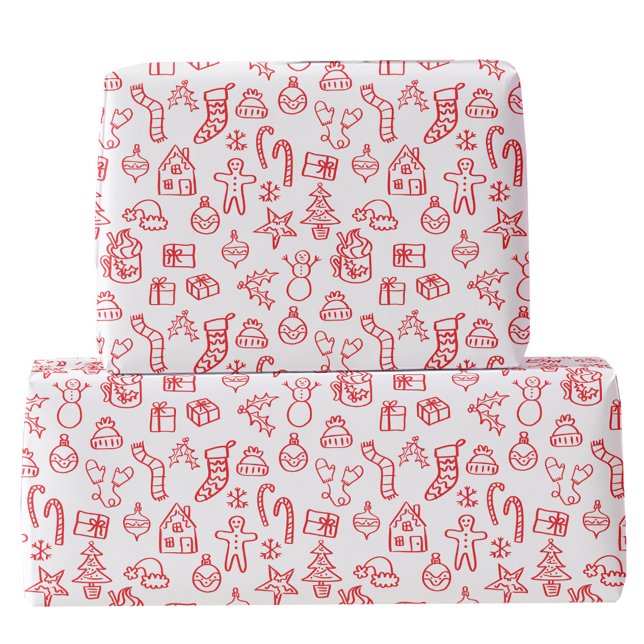 Holiday Scribble Doodle Red und White Geschenkpapier (Fun Christmas holiday scribble doodle illustration red and white gift wrapping paper)