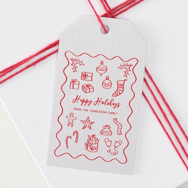 Holiday Scribble Illustration Doodle Red and White Geschenkanhänger (Fun hand drawn scribble doodle red and white personalized custom text Christmas holiday gift tag)