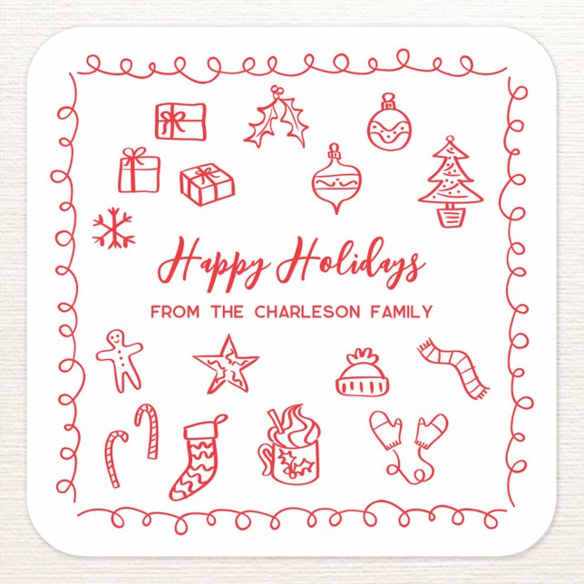 Holiday Scribble Illustration Doodle Red and White Quadratischer Aufkleber (Personalized red and white hand drawn scribble doodle Christmas holiday sticker)