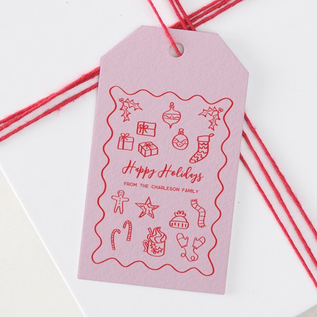 Holiday Scribble Illustration Doodle Rosa und Rot Geschenkanhänger (Fun hand drawn scribble doodle pink and white personalized custom text Christmas holiday gift tag)