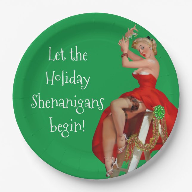 Holiday Shenanigans Retro Pinup Weihnachten Pappteller (Vorderseite)