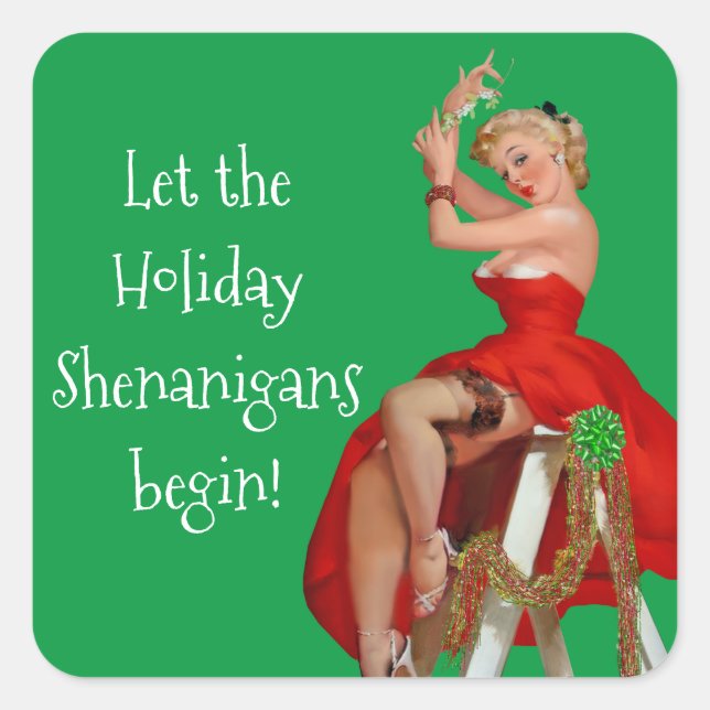 Holiday Shenanigans Retro Pinup Weihnachten Quadratischer Aufkleber (Vorderseite)
