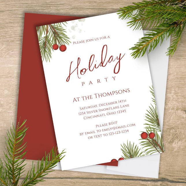 Holiday Simple Calligraphy Script Greenerries Einladung (Elegant silver and pine branches greenery holiday Christmas party invitation. )