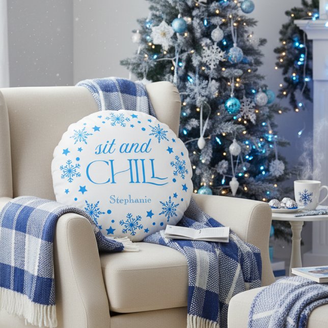 Holiday Snowflake Runde Kissen (Blue Holiday Snowflake personalized pillow)