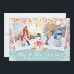 Holiday Snowman Custom 2-Foto | Eisblau und weiß Feiertagskarte<br><div class="desc">Beautifizieren Sie Ihre Weihnachtskarten mit Ihren eigenen wertvollen Fotos auf dieser winterblau-weiß doppelten Foto-Rahmenkarte. Extravagante weiße Schrift Gruß von frohen Weihnachten gesprenkelt mit verschiedenen Größen Schneeflocken, einem niedlichen Schneemann und Urlaubsleuchten über. Hier können Sie Ihren Namen oder den Familiennamen und das laufende Jahr hinzufügen. Die Details beinhalten einen handstickenden Effekt...</div>