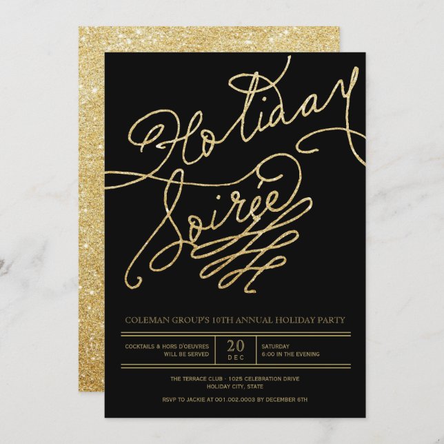 Holiday Soiree Gold Glitzer Script Party Klasse Einladung (Vorne/Hinten)