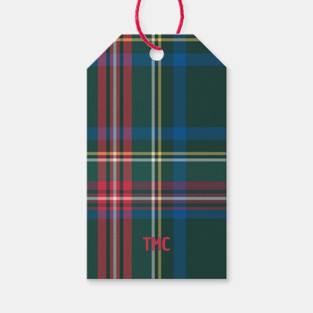 Holiday Tartan Kariert Red Initials Preppy Christm Geschenkanhänger (Vorderseite)