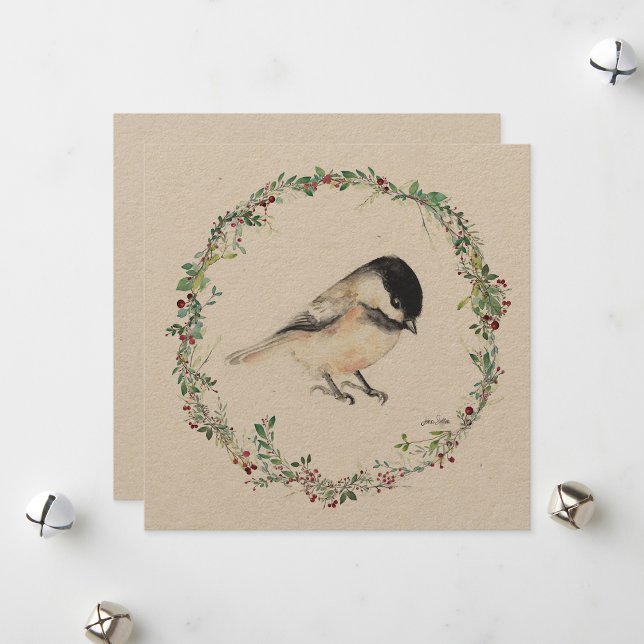 Holiday Tiny Chickadee Aquarellmalerei Feiertagskarte (Holiday Tiny Chickadee Watercolor Painting from Jenn's Emporium. )
