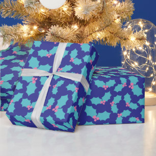 Holiday Turquoise & Pink Mistletoe Dark Blue Gift Geschenkpapier