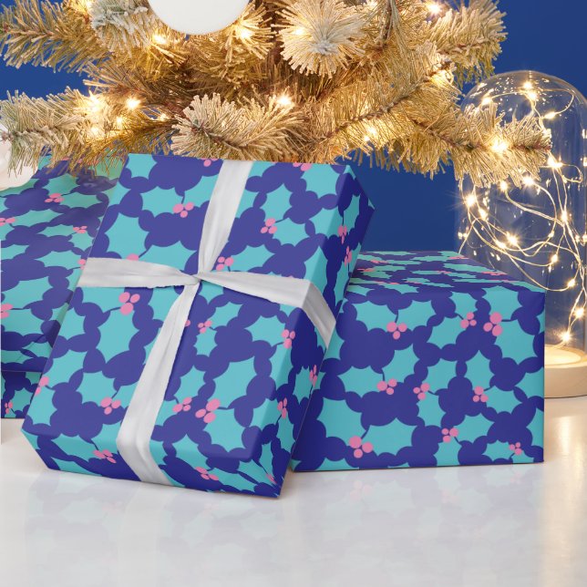 Holiday Turquoise & Pink Mistletoe Dark Blue Gift Geschenkpapier (Feiertage)