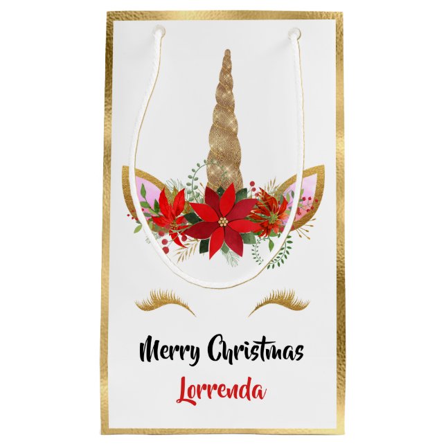 Holiday Unicorn Frohe Weihnachtsnamen Gold Rosa Ro Kleine Geschenktüte (Vorderseite)