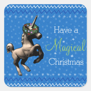 Holiday Unicorn "Magical Christmas" (Blau) Quadratischer Aufkleber