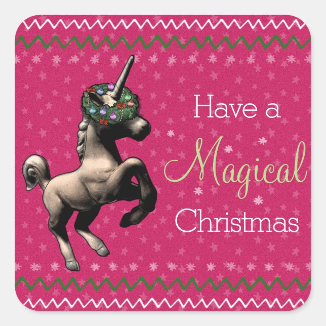 Holiday Unicorn "Magical Christmas" (Pink) Quadratischer Aufkleber (Vorderseite)