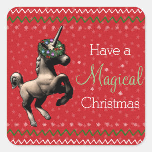 Holiday Unicorn "Magical Christmas" (Rot) Quadratischer Aufkleber