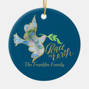 Holiday Watercolor Dove Gold Peace on Earth Keramik Ornament