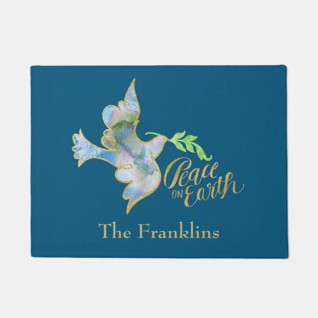 Holiday Watercolor Dove Gold Weltfrieden Fußmatte (Vorderseite)