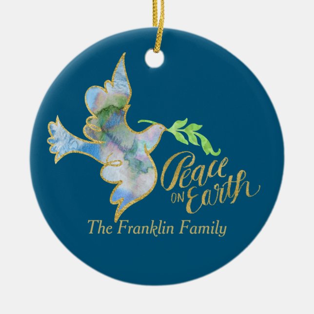 Holiday Watercolor Dove Gold Weltfrieden Keramik Ornament (Vorne)