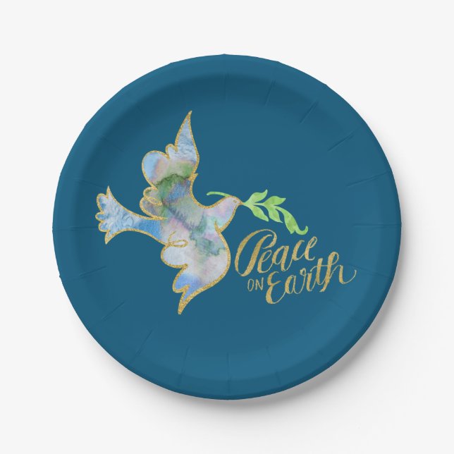 Holiday Watercolor Dove Gold Weltfrieden Pappteller (Vorderseite)