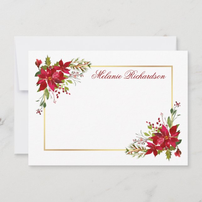 Holiday Watercolor Floral Poinsettia Red Gold Mitteilungskarte (Vorderseite)