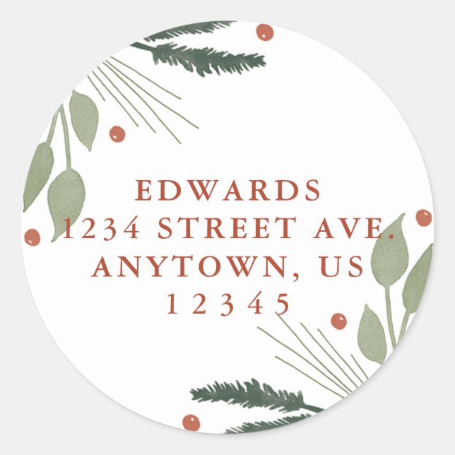 Holiday Watercolor Grüne Rücksendeadresse Runder Aufkleber (Vorderseite)
