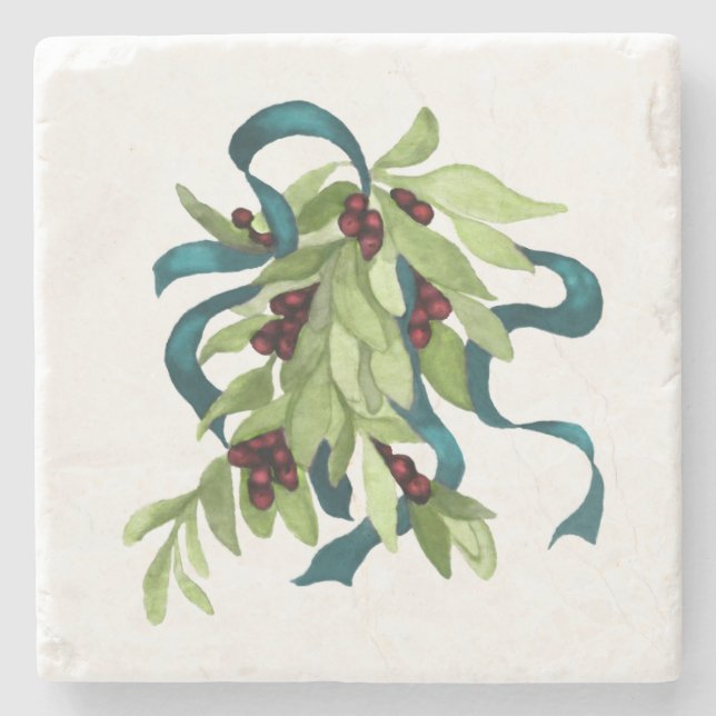 Holiday Watercolor Mistletoe Red Berries Aquamarin Steinuntersetzer (Vorderseite)
