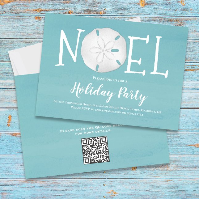 Holiday Watercolor Türkis Sand Dollar QR Code Einladung (Holiday Noel beach sand dollar theme party invitation with turquoise blue water.)