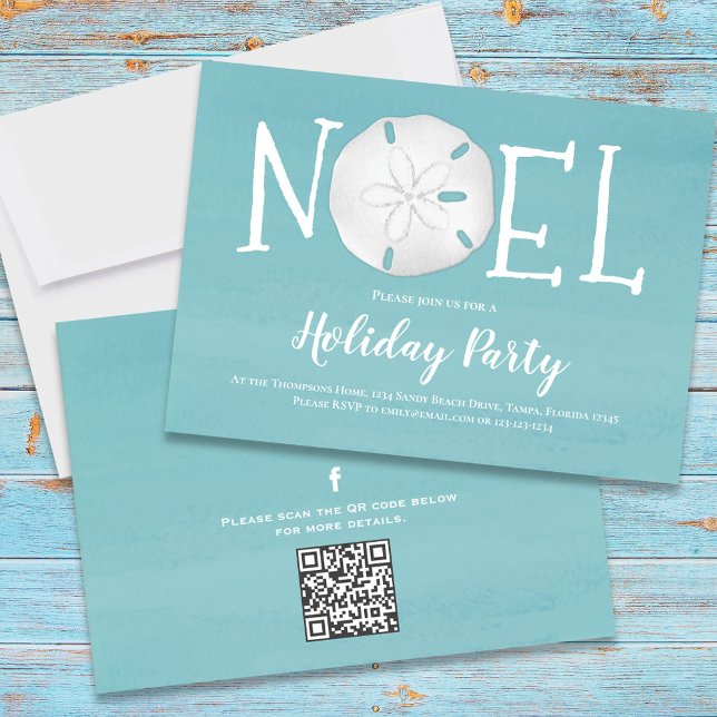 Holiday Watercolor Turquoise Sand Dollar QR Code  Einladung (Holiday Noel beach sand dollar theme party invitation with turquoise blue water.)