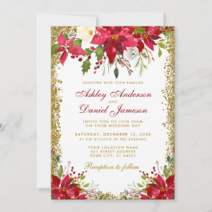 Holiday Wedding Red Floral Poinsettia Gold Glitzer Einladung