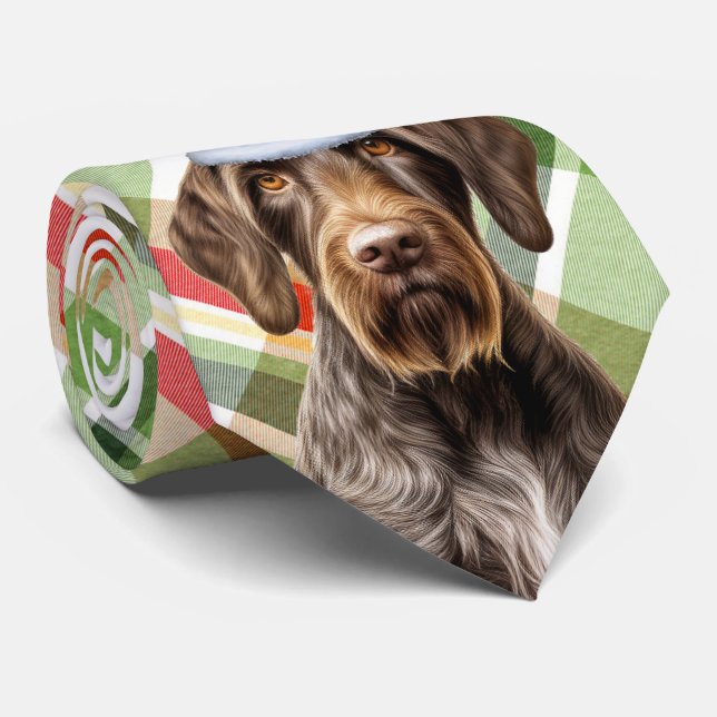 Holiday Wirehaired Pointer Dog Plaid Christmas Krawatte (Gerollt)
