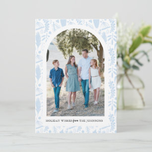 Holiday Woodland Arch Personalize Foto Card Blue Feiertagskarte