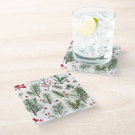 Holiday Woodland Pine & Red Berries Design Glasuntersetzer