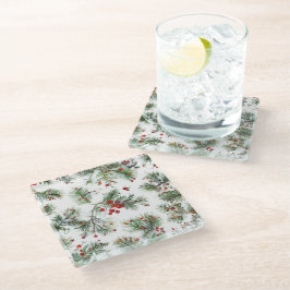 Holiday Woodland Pine & Red Berries Design Glasuntersetzer