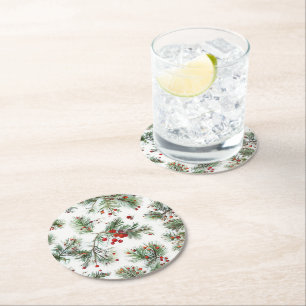 Holiday Woodland Pine & Red Berries Design Runder Pappuntersetzer