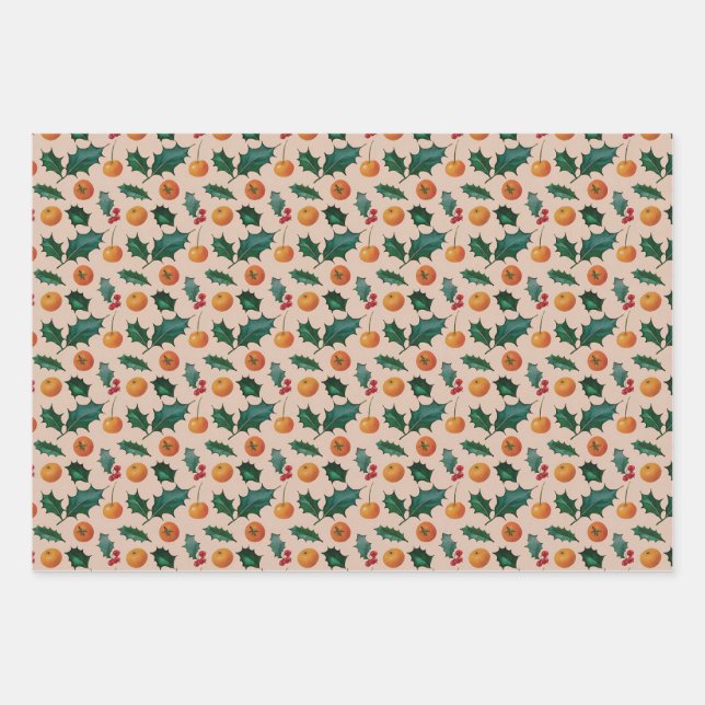 Holiday Wrapping Paper with Fruit & Holly, Pink Geschenkpapier Set (Vorderseite)