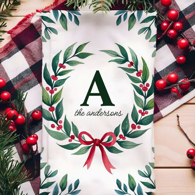 Holiday Wreath Monogram Personalisiert Weihnachten Geschirrtuch (Von Creator hochgeladen)