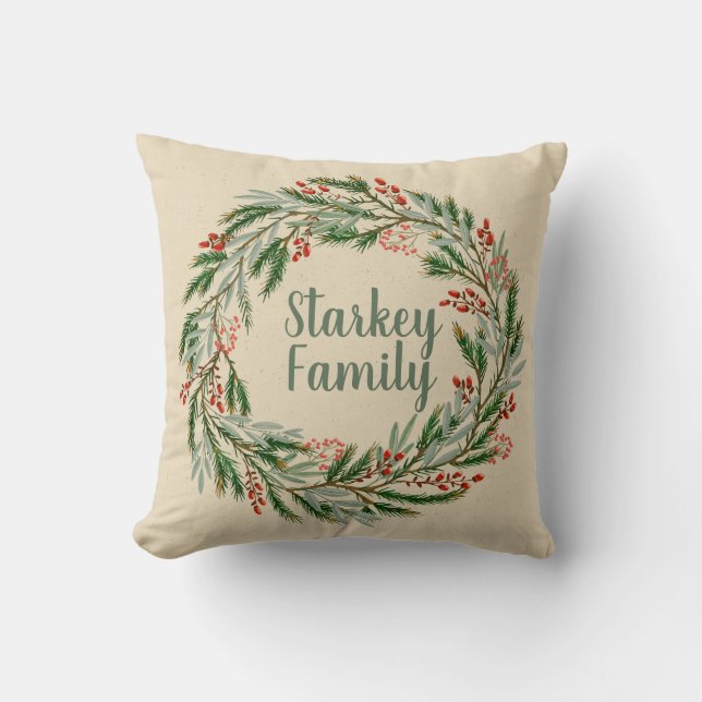 Holiday Wreath, Red Berries, Pine & Eucalyptus Kissen (Vorderseite)