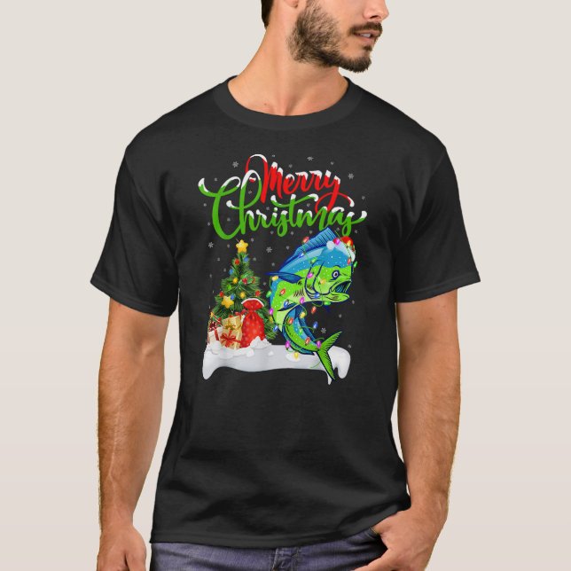 Holiday Xmas Tree Lights Santa Hat Mahi Mahi Fish  T-Shirt (Vorderseite)