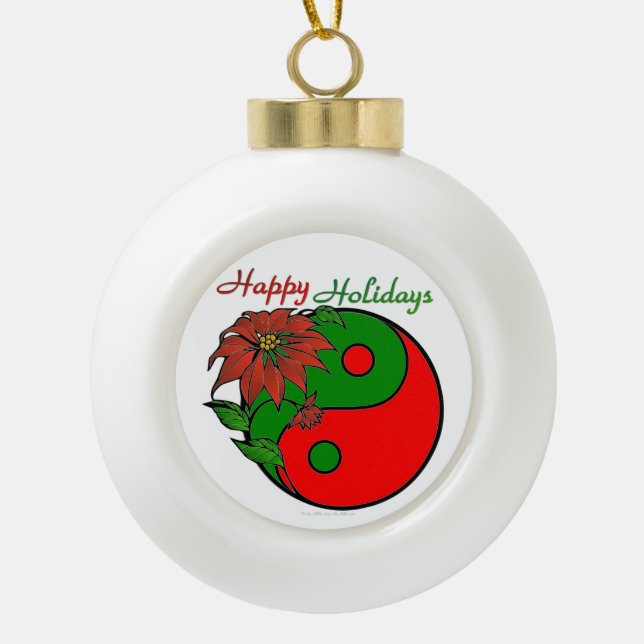 Holiday Yin Yang Poinsettia Green Red Keramik Kugel-Ornament (Vorderseite)