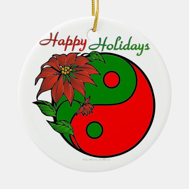 Holiday Yin Yang Poinsettia Green Red Keramik Ornament (Vorne)