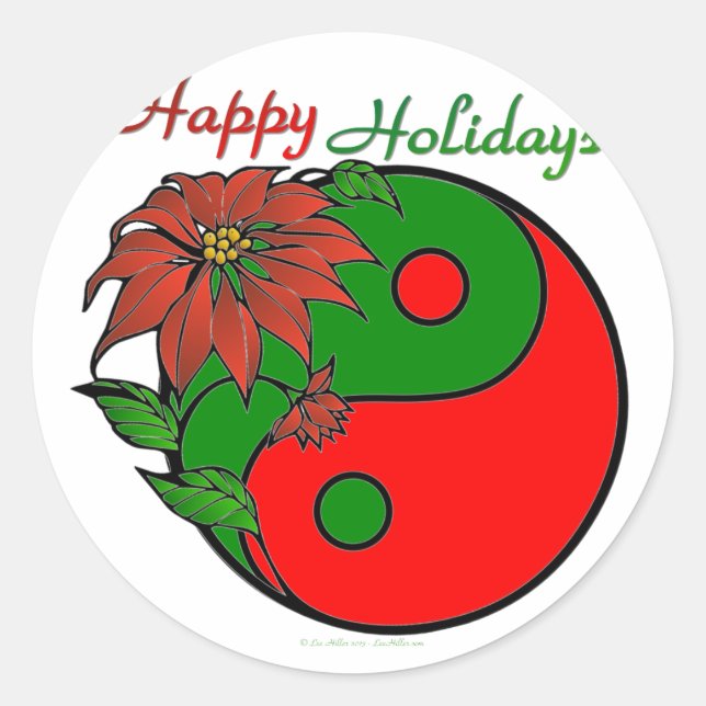 Holiday Yin Yang Poinsettia Green Red Runder Aufkleber (Vorderseite)