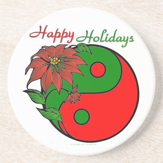 Holiday Yin Yang Poinsettia Green Red Sandstein Untersetzer (Vorne)