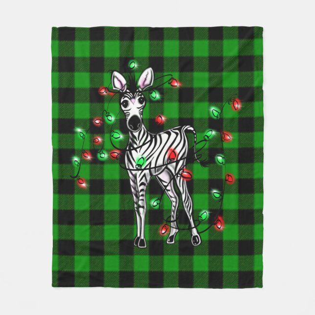 Holiday Zebra, grüner Tartan, blinkende Lichter Fleecedecke (Vorderseite)