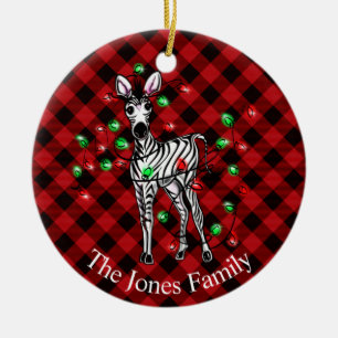 Holiday Zebra, roter Tartan, blinkende Lichter Keramik Ornament