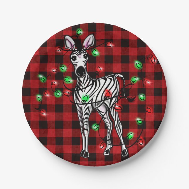 Holiday Zebra, roter Tartan, blinkende Lichter Pappteller (Vorderseite)