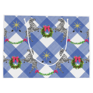 Holiday Zebras Blue Kariert Große Geschenktüte